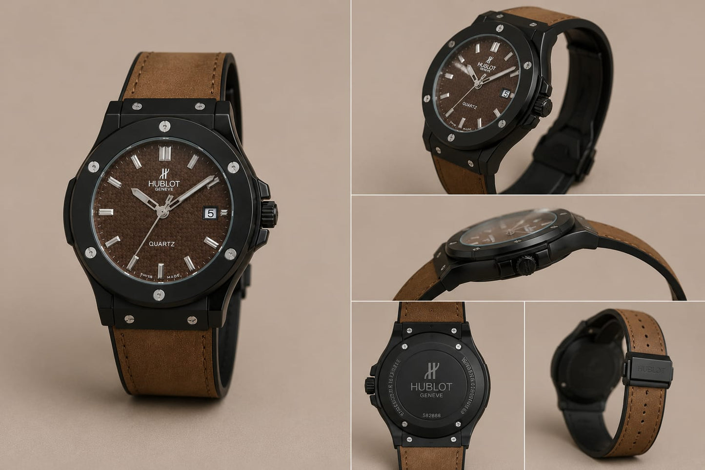 Hublot Style Men's Brown Leather Strap Analog Watch – Premium A+ Quality Quartz Timepiece
