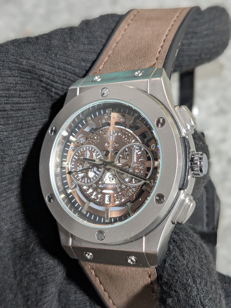 Geneva Automatic Skeleton Men's Watch – Silver Case & Brown Leather Strap
