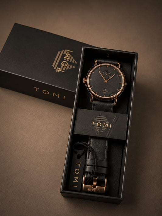 TOMI Classic Black Leather Strap Men's Watch – Rose Gold Case | Premium Quartz Wrist Watch