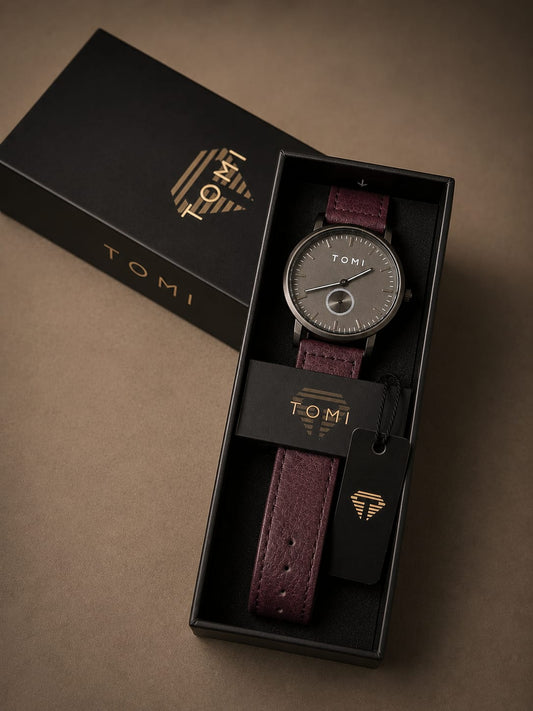 TOMI Classic Grey Dial Men's Watch – Burgundy Leather Strap | Premium Quartz Wrist Watch