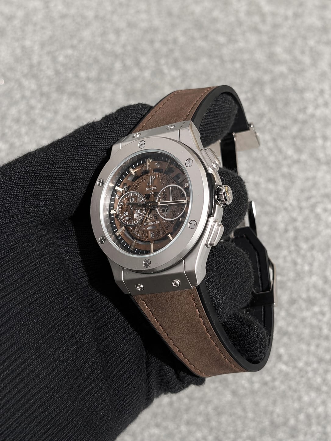Geneva Automatic Skeleton Men's Watch – Silver Case & Brown Leather Strap