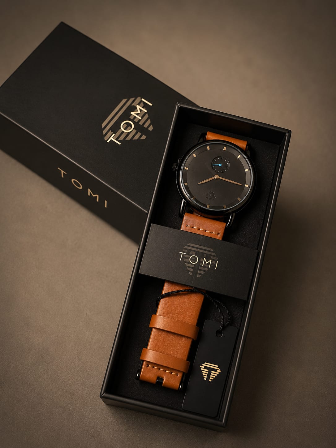 TOMI Classic Black Dial Brown Leather Strap Men's Watch