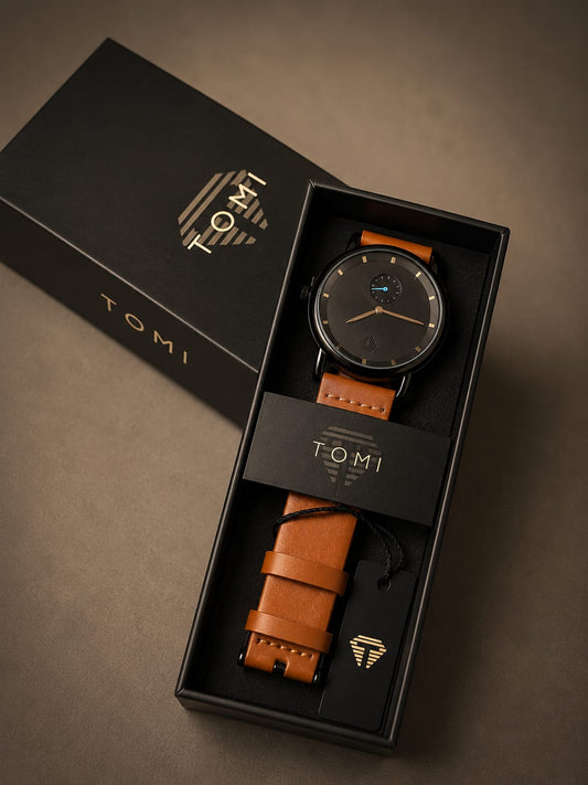 TOMI Classic Black Dial Brown Leather Strap Men's Watch