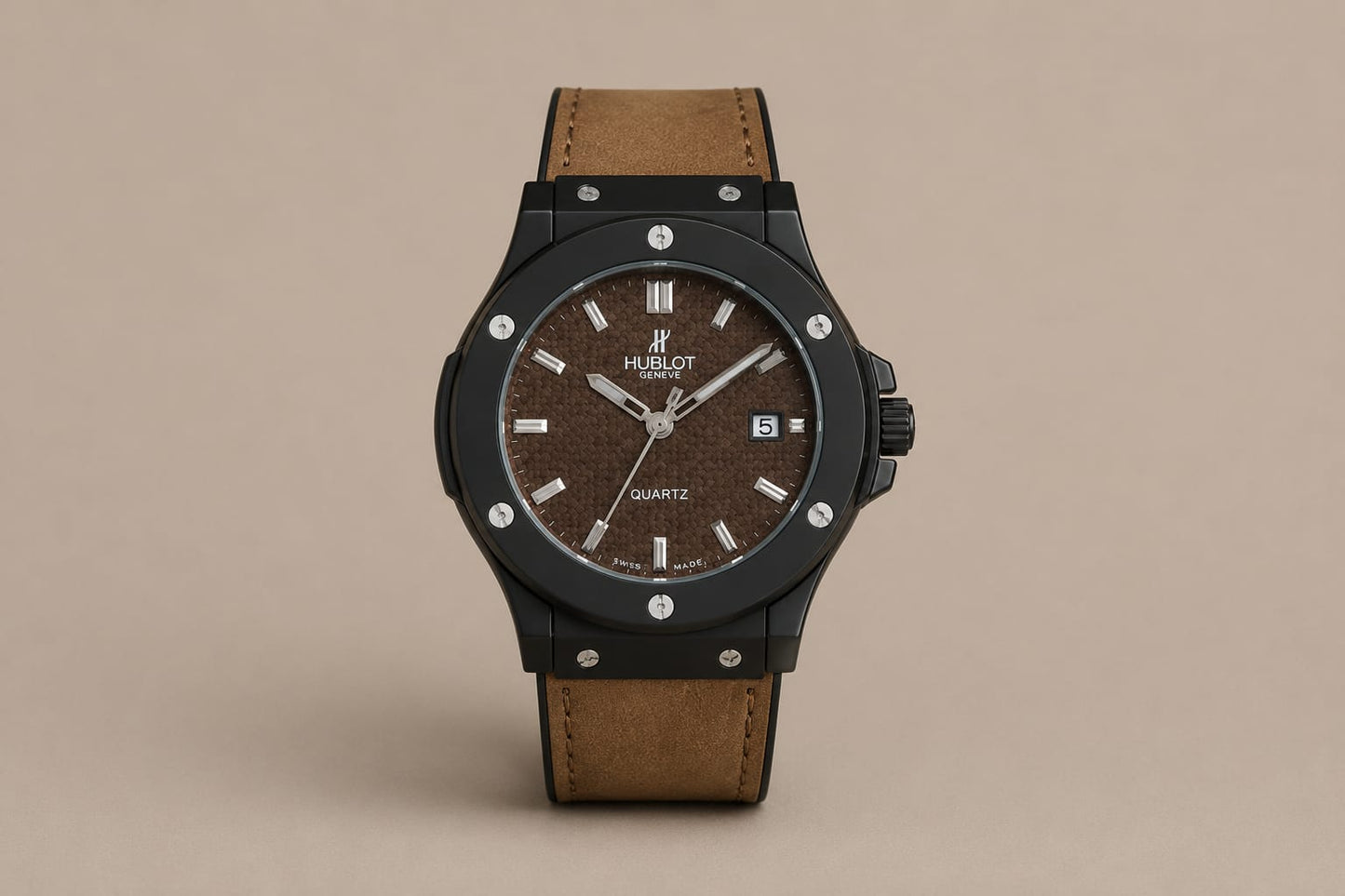 Hublot Style Men's Brown Leather Strap Analog Watch – Premium A+ Quality Quartz Timepiece