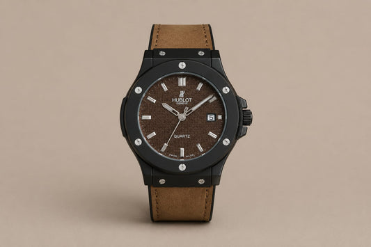 Hublot Style Men's Brown Leather Strap Analog Watch – Premium A+ Quality Quartz Timepiece