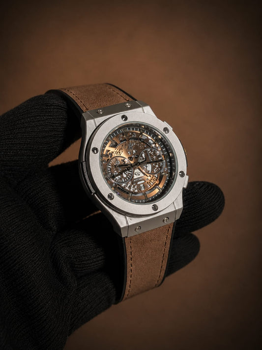 Geneva Automatic Skeleton Men's Watch – Silver Case & Brown Leather Strap