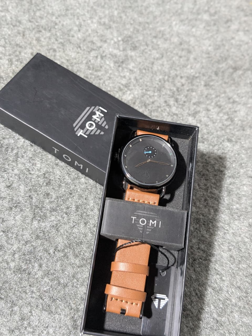 TOMI Classic Black Dial Brown Leather Strap Men's Watch
