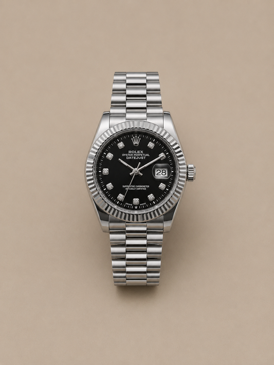 Rolex Datejust Style Black Dial Silver Stainless Steel Watch – A+ Quality | Premium Box & 1 Year Warranty